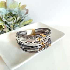 Gray Beaded Leather Wrap Bracelet